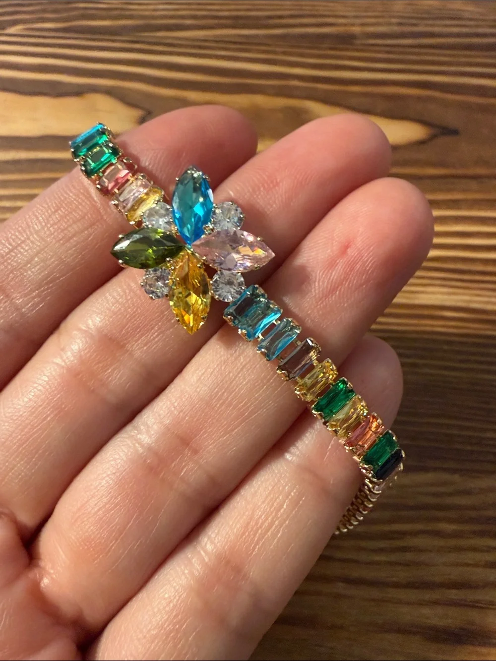 Gold Plated Multicolor Crystal Flower Tennis Bracelet - Women Jewelry